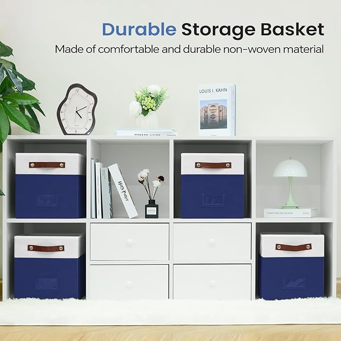 6-Pack Storage Cubes with Handles & Label Holders Basket, Closet Cube Home Organizer Bins(White/Blue, 10.5 * 10.5 * 11 inch)