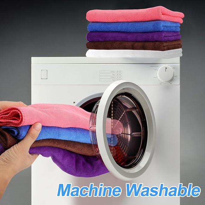 HARFINGTON 4 Pack Microfiber Cleaning Cloth, 12" x 12" Multi-Functional Cleaning Towels Reusable Absorbent Rags with Hook for Car Wash Kitchen Household Window Clean, Rose Red