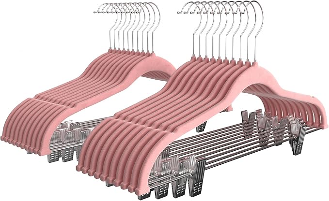 VECELO 40 Pack Velvet Clothes Hangers with Adjustable Clips,Heavy-Duty Non Slip & Space-Saving with 1 Magic Hangers & 2 Tie Rack for Suit Coat Pants Skirt Dresses