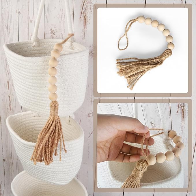 Fabric Wall Hanging Organizers - Small Woven Baskets Pouches Set Boho Style Wall Mounted Bag with Adhesive Hook, Storage Decoration Pocket Caddy for Closet Playroom RV Nursery (White & White)