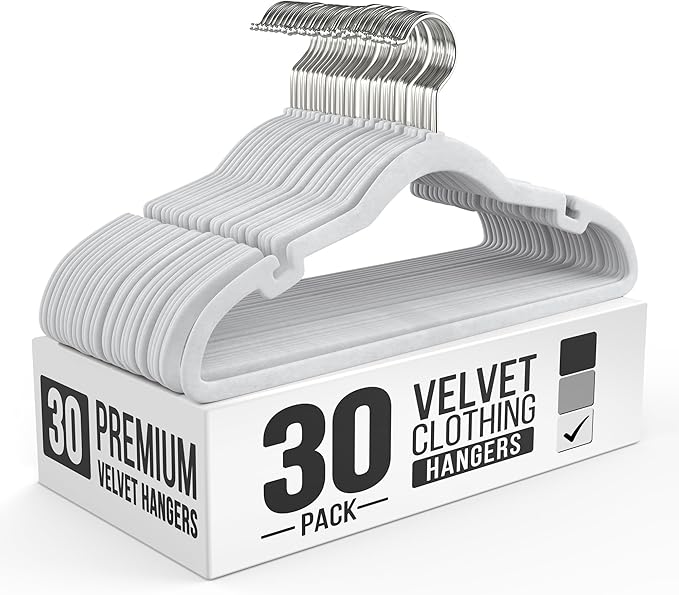 30 Pack Velvet Hanger for Shirt Pants Dresses Skirts Suits Jackets - Slim Space Saving Design - Standard Coat Hanger - Sturdy & Durable Design with Shoulder Grooves Hook