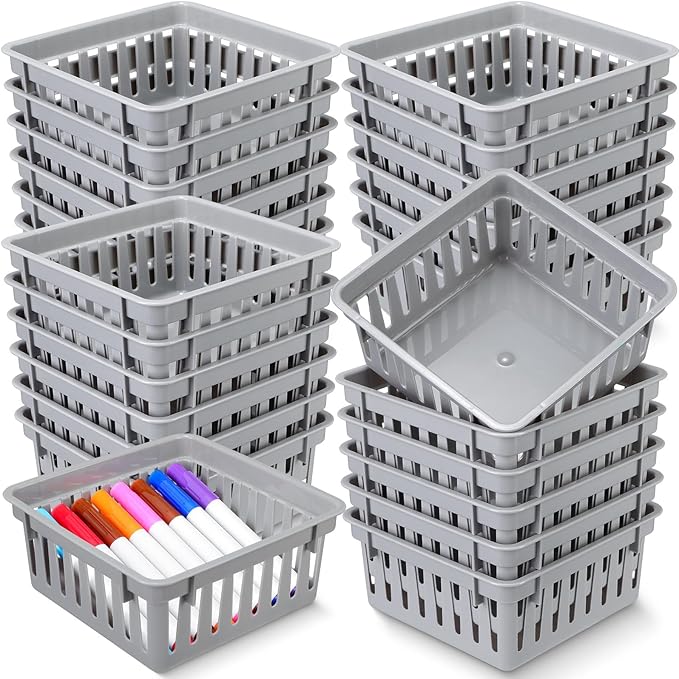 Tatuo 24 Pcs Classroom Small Plastic Baskets Bulk Storage Baskets for Organizing Crayon Pencil Containers Organizer Bins for Back to School Gift Office Desk Drawer Home, 5.31 x 5.31 x 2.44 Inch(Grey)
