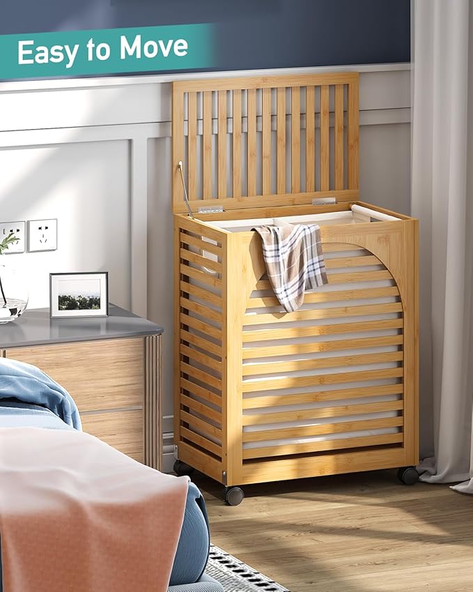 Laundry Hamper with Wheels, Large Laundry Basket with Lid, 27.3 Gallon (103.4L) Bamboo Wood Clothes Laundry Hamper 2 Section with Handles, Removable Liner