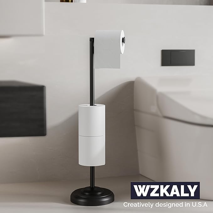 WZKALY Freestanding Toilet Paper Holder Stand with Storage – Holds 4 Extra Rolls –Matte Black- Toilet Paper Holder for Bathroom – Sturdy Base, Classic Retro Style, Space-Saving Bathroom Storage
