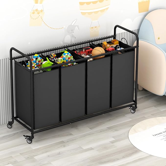Laundry Sorter 4 Section Hamper Sorter with Heavy Duty Lockable Rolling Wheels Removable Bags Basket Separator for Dirty Clothes Storage,Black