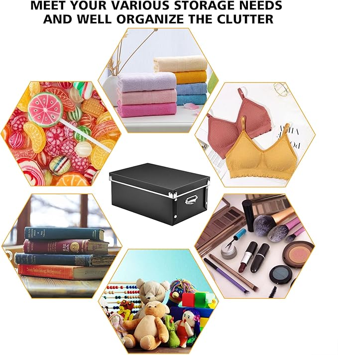 SEEKIND Storage Box, Decorative Storage Bins with Lid,3 in 1 Set,Plastic,with Handles,Press-Stud Fastening,Moisture-proof,Foldable for Space Saving Storage,for Clothes,Cosmetic,Blankets (Black) …