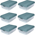 Hefty HI-RISE 40 Qt Stackable Storage Bins with Lids – 6 Pack Clear Plastic Under Bed Storage Containers, Shoe Organizer Boxes with XL Lid-Locking Latches, Comfort-Grip Handles, Durable Double Rim
