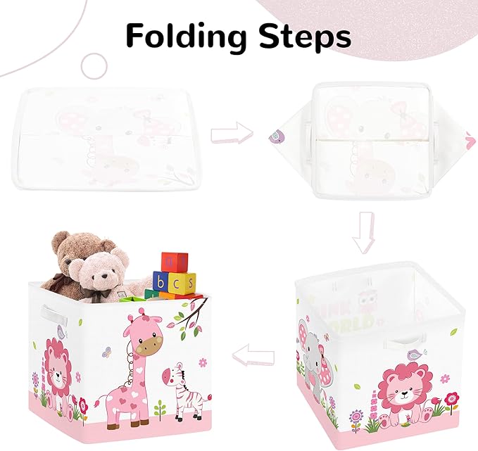 Clastyle Jungle Animal Kids Storage Cube Organizer Set Tree Closet Clothes Cube Storage Bin Nursery Toddler Toy Box Chest Boys Girls Book Shelf Basket,Pink,11.8x11.8x11.8 in