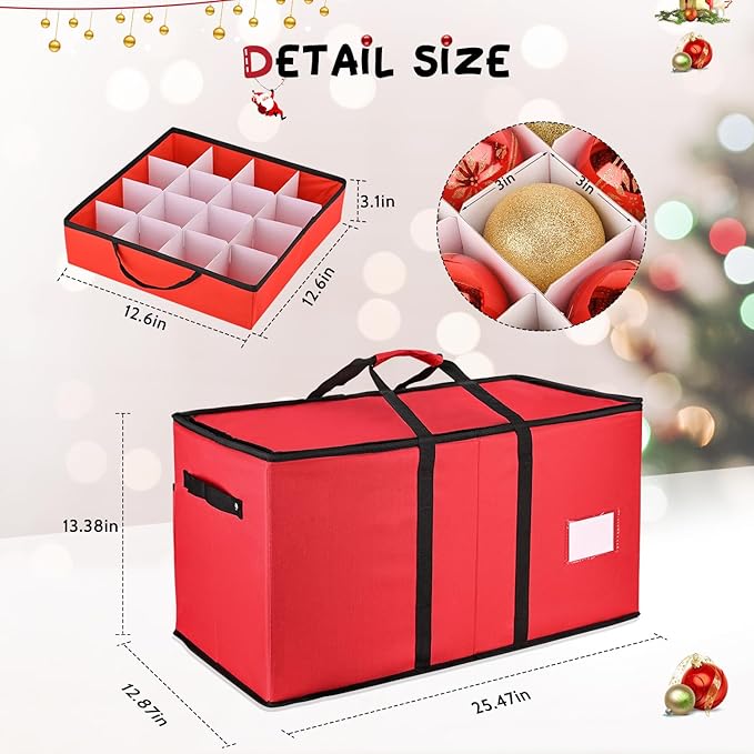 Mrrihand Christmas Ornament Storage Box, Ornament Storage Container with 8 Trays-Xmas Decoration Organizer Keeps 128 Holiday Ornaments 3-Inch, Dual Zipper Closure, 600D Tear-Proof（Red）