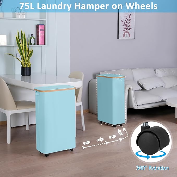 efluky Laundry Basket with Wheels, Tall Rolling Laundry Hamper with Lid and Removable Bag, Aesthetic Dirty Clothes Hamper on Wheels for Laundry Room, Bedroom, Dorm and Bathroom, 75L Glacier Blue