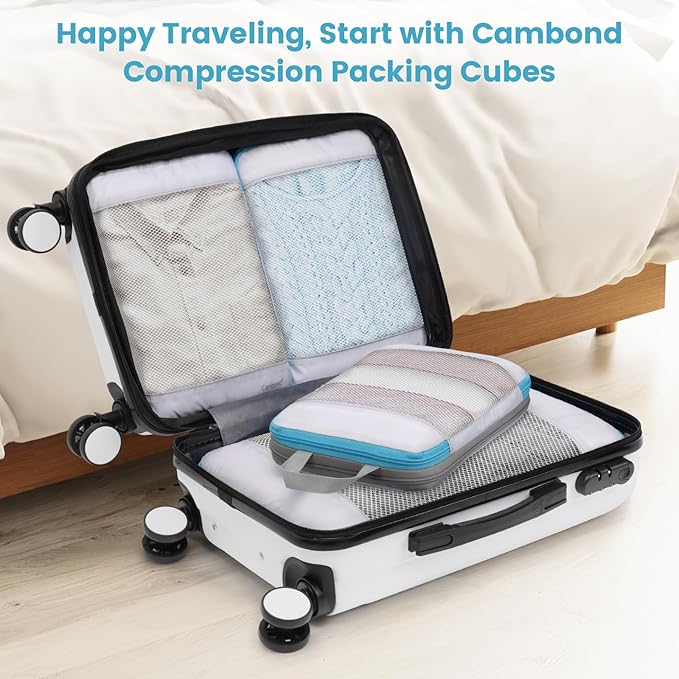 Cambond See Through Mesh Compression Packing Cubes - 4 Piece Expandable Space Saving Packing Cubes for Travel, Lightweight Travel Bags Luggage Packing Organizer Essentials for Suitcases, White