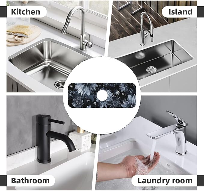 Faucet Draining Mat For Kitchen Sink, Stylized Gray Chrysanthemum Flowers Diatom Mud Absorbent Drain Pad For Bathroom Kitchen Sink Splash Guard Drying Mat