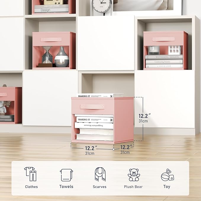 DIMJ Cube Bins, 12.2-Inch Storage Bins Cubes with Window, 6 Packs Collapsible Storage Bins with Handles, Closet Storage Baskets for Organizing Living Room, Office, 6 Pack,Pink