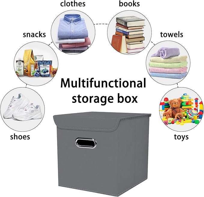 Closet Organizers Fabric Storage Bins With Lids Collapsible Cube Storage Organizer Basket With Handles,Storage Boxes for Clothes Storage,Office,Laundry,Shelves,6 Pack,（Grey