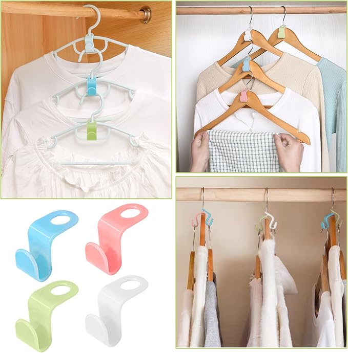 100 PCS Hanger Connector Hooks, Space Saving Cascading Hanger Hooks for Closet Organization, Heavy Duty Plastic Hanger Clips, Blue White Pink Green