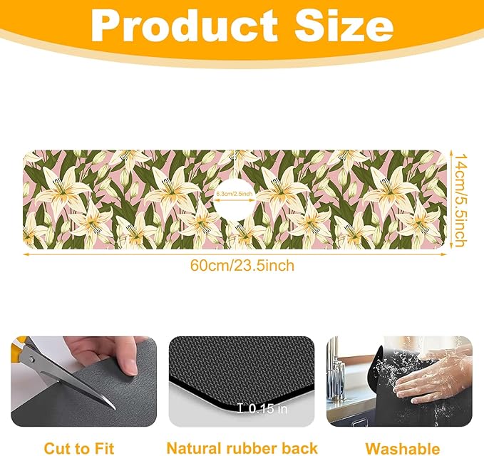 2 Pack Vintage Flowers Leaves Sink Faucet Absorbing Mat Colorful Llilies Super Absorbent Fast Drying Mat Sink Gadgets Behind Faucet Sinkmat for Kitchen Bathroom, 23.5"x5.5"
