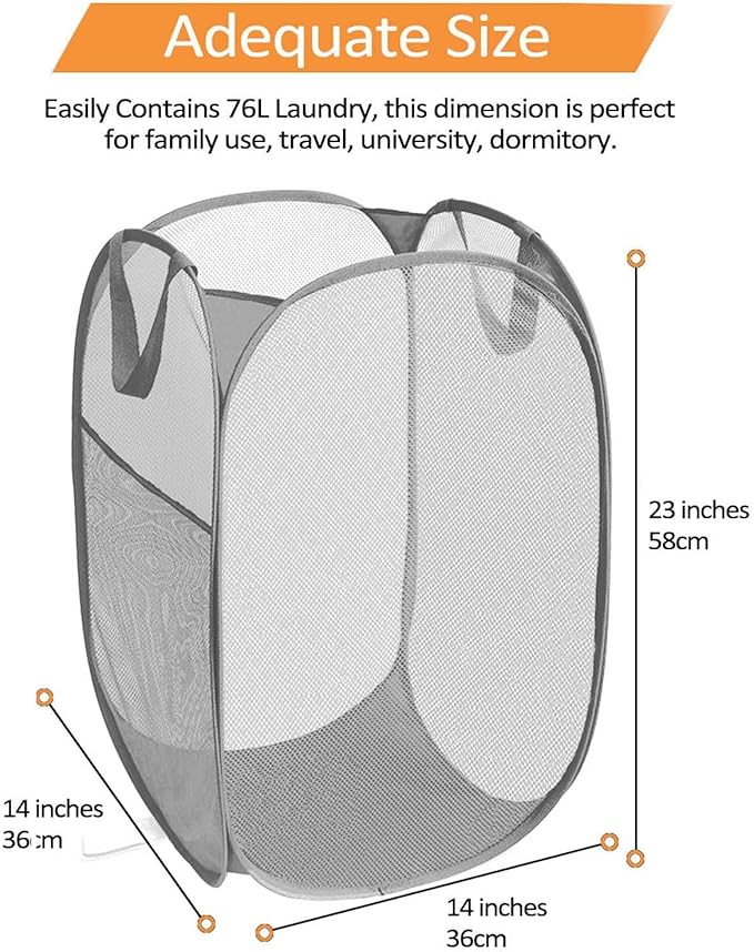 2 Pcs Durable Collapsible Laundry Baskets - Reinforced Mesh Pop Up Laundry Hamper with Pocket, Foldable Dirty Clothes Hamper with Carry Handles for Laundry, Bathroom, Kids Room, Dorm or Travel Grey