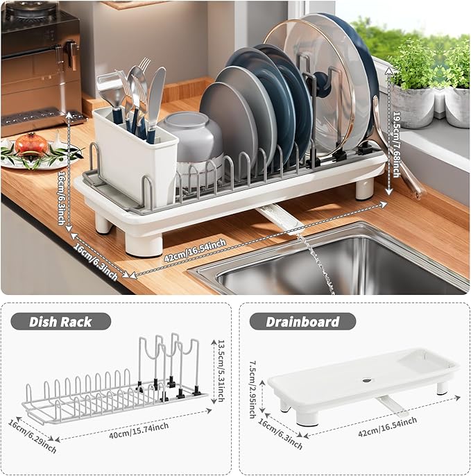 SanDream Small Dish Drying Rack with Removable Utensil Holder & Anti-Scratch Base - Stainless Steel Dish Rack, Dish Drying Rack with Drainage & Space Saving Design for Kitchen Counter, White