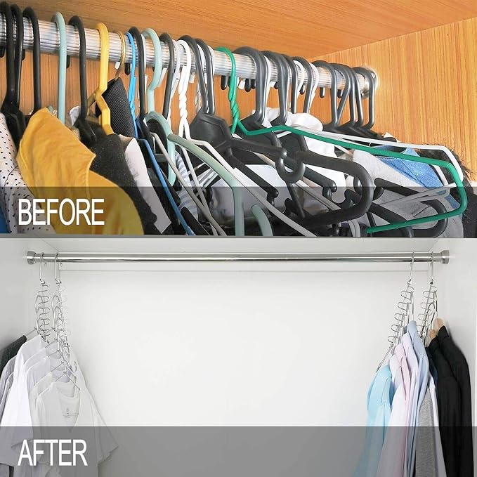 KLEVERISE 4 Pack Metal Space Saving Hangers, Stainless Steel Hangers Space Saving for Clothes, Magic Cascading Space Saving Closet Clothing Hanger Organizer Space Saver, College Dorm Essentials