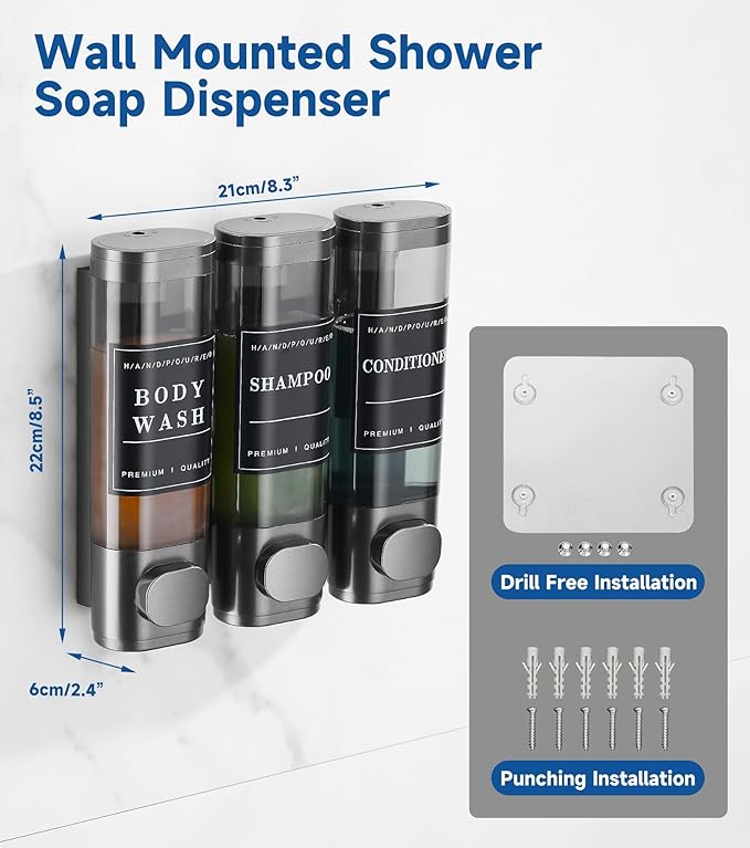 Shower Soap Dispenser Wall Mounted No Drill Shampoo Dispenser for Shower Wall Shampoo and Conditioner Dispenser Bathroom Hotel 3 * 300ml Gungray with Labels