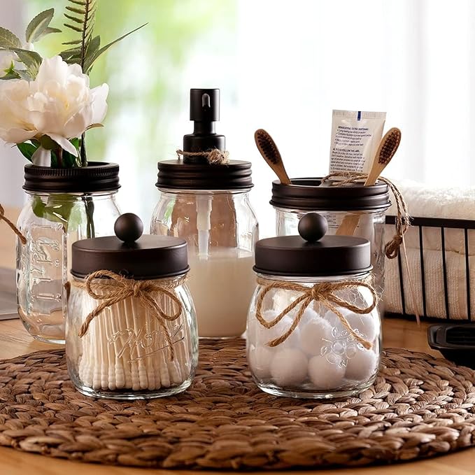 Amolliar Mason Jar Bathroom Accessories Set (4 Pcs) - Lotion Soap Dispenser & 2 Cotton Swab Holder & Toothbrush Holder-Rustic Farmhouse Decor, Countertop Vanity Organize, Bathroom Home Decor (Bronze)
