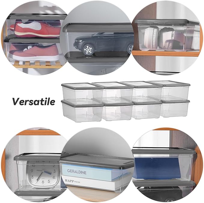 Party Club of America 6 Quart Latching Storage Box,Plastic Clear Storage Bins With Lids Stackable (Grey, 8 Pack)