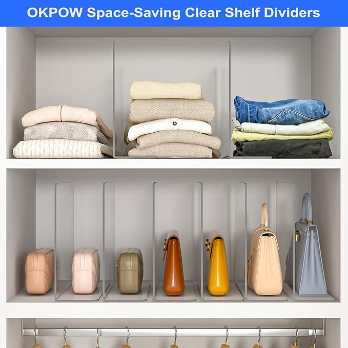 OKPOW Shelf Dividers Closet Organizer - 12" Tall X 11.8" Deep Acrylic Clear Sturdy Separate for Clothes Purse - Adjustable Space Saver Easy Install for Home Organization Enthusiasts 8 Pack