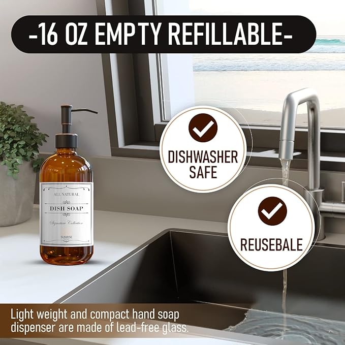 2 Pack Amber Glass Soap Dispenser 16 OZ with Oil Rubbed Bronze Stainless Steel Pump, Hand and Dish Soap Dispenser Set for Bathroom and Kitchen Sink with 6 Waterproof Labels