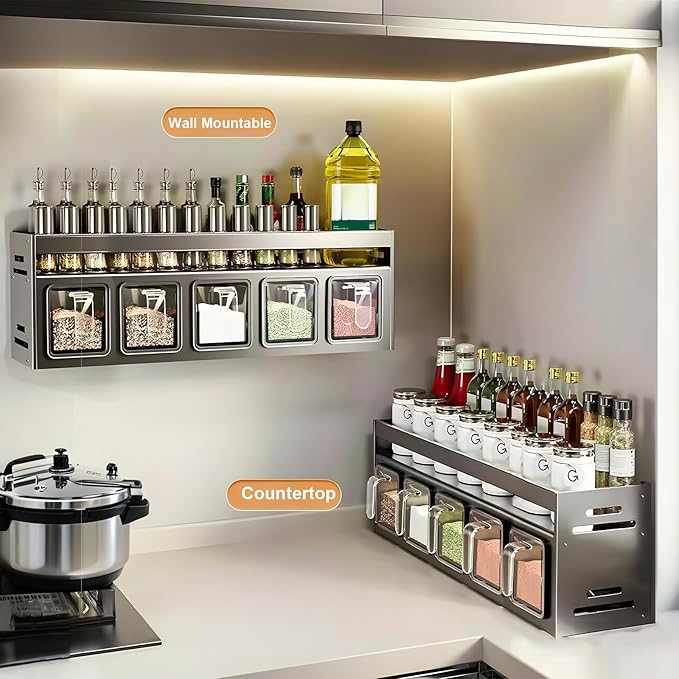 Kitchen Spice Rack, Kitchen Organizer and Storage Rack with 5 Spoons, Spice Organization for Cabinets Punch-free Wall/Countertop Home Decor Multifunctional Double Layer 5 Grid Condiment Rack, Gray
