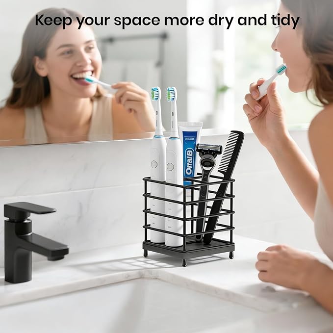 BOTEMY Toothbrush Holders with Quick Drying Mat—Black Toothbrush and Toothpaste Holder for Bathroom—Upgrade 3 Slots Openwork Design Bathroom Counter Organizer for Electric Toothbrush,Razor,Toothpaste