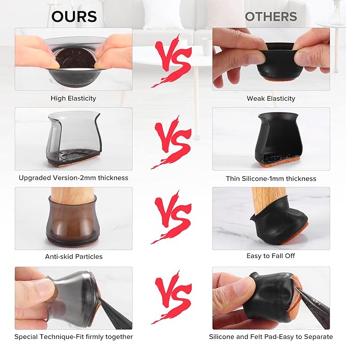 24PCS Upgraded Silicone Chair Leg Floor Protectors for Hardwood Floors, Furniture Sliders for Chair Legs, Felt Bottom Furniture Pads, Anti-Slip Round&Square Cap Covers to Scratch and Reduce Noise