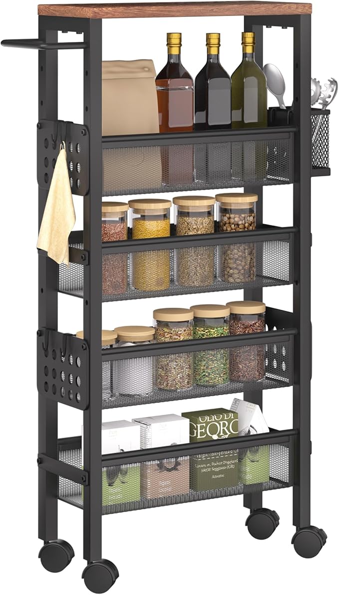 TORIBIO Slim Storage Cart, 5 Tier Narrow Kitchen Rolling Cart with Wheels for Small Space,Mobile Utility Cart Shelving Unit with Metal Frame and Wooden Top for Kitchen, Bathroom, Laundry Room