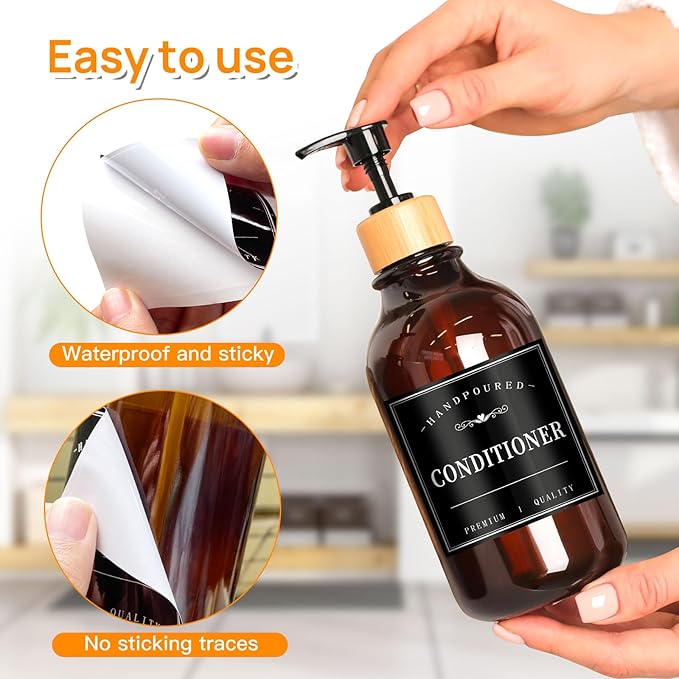 12PCS Bathroom Labels for Soap Dispenser, Removable Bathroom Organization Labels, Waterproof Bottle Labels for Shampoo Conditioner Body Wash (Black)