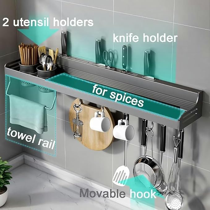 Wall Mounted Spice Rack, Spice Shelf, Spice Rack Organiser, Kitchen Wall Shelf Organiser with Movable Hooks Utensil Rack, Towel Holder, Knife Holder, 40 cm, Black