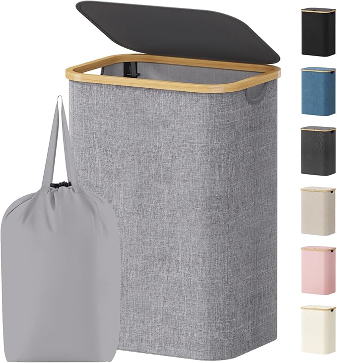 Lifewit 80L Laundry Basket with Lid, Clothes Hampers for Laundry with Bamboo Handles and 1 Removable Bag, Large Foldable Laundry Hamper for Bedroom, Bathroom, Dorm, Laundry Room, Light Gray