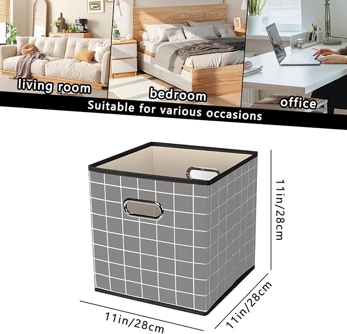Yunkeeeper storage bins Cubes, Fabric Cube Organizer with Handle, Foldable Cube Bins for Cloth or Accessary Storage, 11x11x11, Set of 3,(Grey grid)