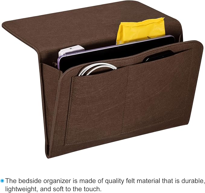PATIKIL 13in Bedside Caddy, Bed Caddy Bedside Organizer Hanging 5 Pocket Soft Bed Pockets Bedside Storage Organizer Remote Control Holder for Bedroom Phones Glasses, Dark Brown