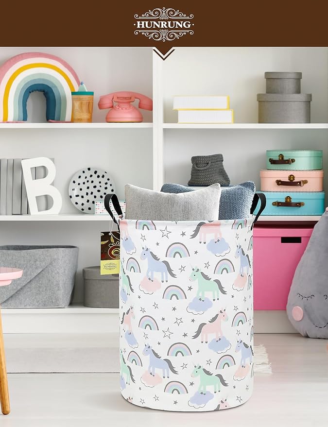 HUNRUNG Laundry Hamper,Large Canvas Fabric Lightweight Storage Basket Toy Organizer Dirty Clothes Collapsible Waterproof for College Dorms（Round-Star Unicorn）