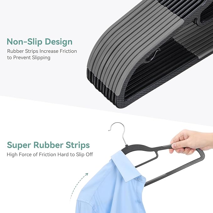 NCXTKJ Coat Hangers 50 Pack, Plastic Clothes Hangers Non Slip with Rubber Grip, Heavy Duty Hanger with 360° Swivel Metal Hook, Ultra Thin Hangers Space Saving for Closet Organizer, Black and Dark Gray