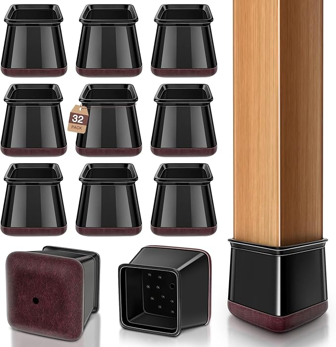 Chair Leg Floor Protectors Chair Leg Protectors for Hardwood Floors Silicone Caps Felt Strengthen Bottom Protection Anti-Scratch Reduce Noise 32 Pack Black Square L Fit:1-1/8" to 1-9/16" (27-40mm)