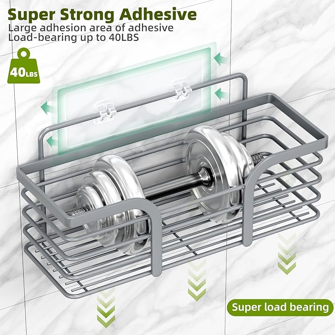 Yougai Shower Caddy, Shower Organizer with Soap Holder and Hooks, Rustproof Shower Shelves, No Drilling Bathroom Organizers and Storage, Wall-Mounted Kitchen & Home Decor (Light Gray)