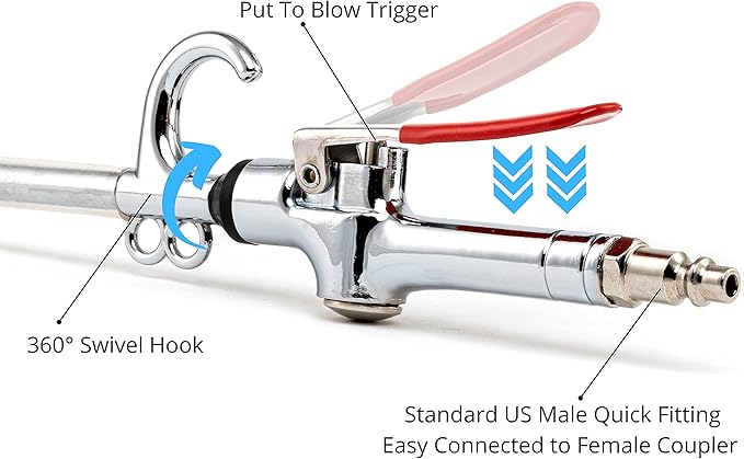 NEIKO 31122A High Flow Air Blow Gun, 17-26 Inch Extensible Air Nozzle Blow Gun, Pneumatic Air Compressor Accessories, Blow Gun Air Tool, Operating Pressure 80-120 PSI, 360 Degree Swivel Hook