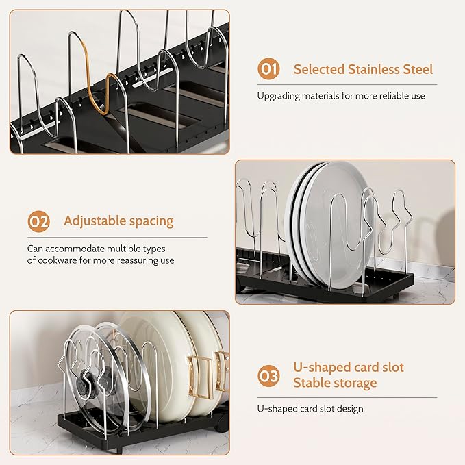 CEHNCEH Pots and Pans Organizer under Cabinet for Cabinet and Countertop Longest 28.5 in Foldable Adjustable 8-Tier Pan Organizer Rack Perfect to Store Pots, Kitchen Cabinet Organizer (Black)