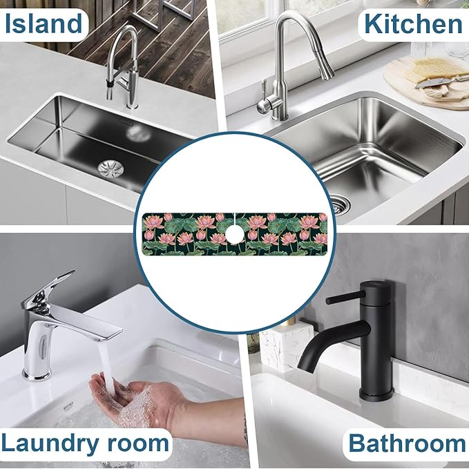 Lotus Pond Pattern Kitchen Sink Splash Guard Faucet Mat Lotus Flowers Leaves Super Absorbent Fast Drying Mat Sink Splash Guard Behind Faucet for Kitchen Bathroom, 23.5"x5.5"