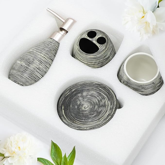CERBIOR Bathroom Accessories Set,4 Pcs Ceramic Bathroom Decor Accessory,Includes Toothbrush Holder, Toothbrush Cup, Soap Dish for Decorative Countertop and Housewarming Gift(Grey 4pcs)