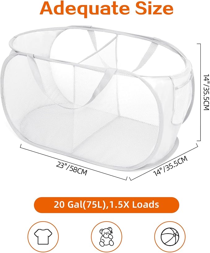 Durable Collapsible Foldable Mesh Pop Up Laundry Basket, 2 Compartments Easy to Carry & Sort Clothes Hampers for Home, Dorm, Travel White