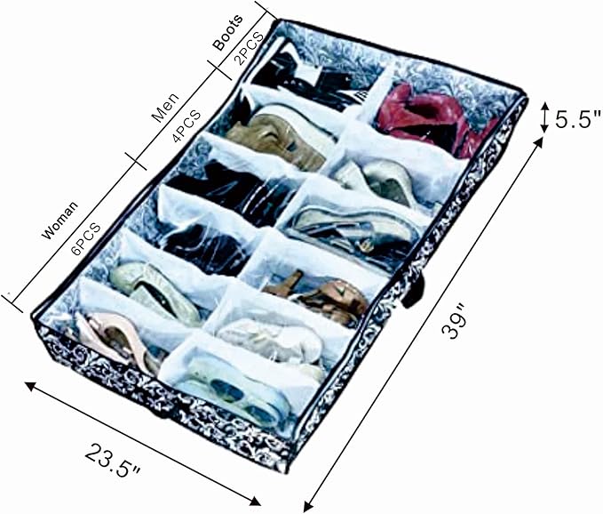 Men/Woman 12 Cells See Through Underbed shoes and boots Storage Bag Organizer with black and white flower (black)