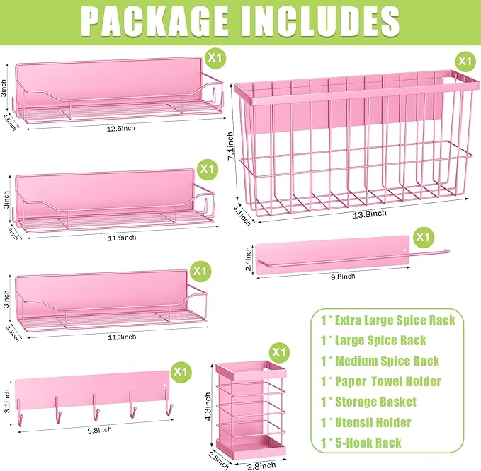 Magnetic Spice Rack for Refrigerator, 7 Pack Magnetic Fridge Shelf for Kitchen Organization Storage, Moveable Spice Organizer W/Paper Towel Holder, Utensil Caddy, Cutting Board Rack (Pink)