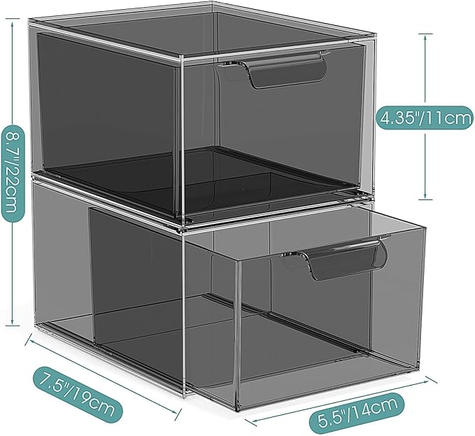 6 Pack Stackable Makeup Organizer and Storage, Acrylic Organizers，Clear Plastic Storage Drawer with Pull-Out Handles for Vanity, Undersink, Kitchen Cabinets, Pantry, Black