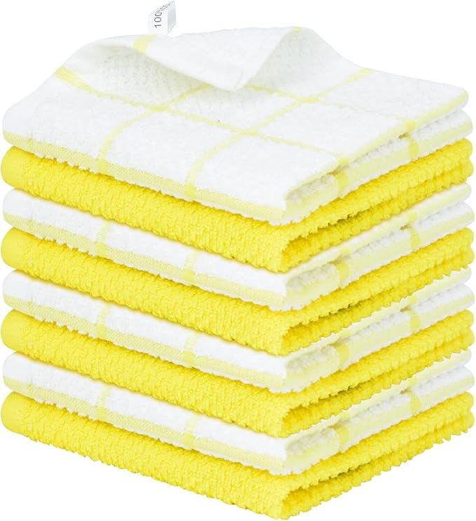 Nialnant 8 Pack Dish Cloths for Washing Dishes, 100% Cotton Reusable Cleaning Rag, Quick Drying Dish Towels for Kitchen,12x12 Inches,Yellow